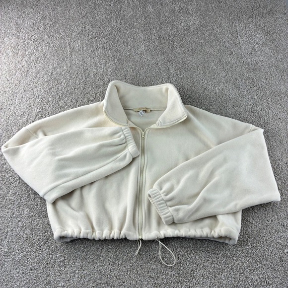 Qinsen Fleece Cropped Jacket Pullover Women's Size Small Cream Y2K Drawstring - Picture 1 of 11